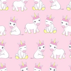 Vector pattern with cute unicorns, clouds,rainbow and stars. Magic background with little unicorns.