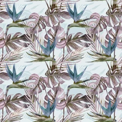 Tapeten Paradies tropische Blume Exotische Pflanze nahtlose Muster. Aquarell-Hintergrund mit Strelitzia-Blumen.