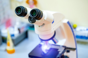 Photo of microscope. Medical research. Virus identification.