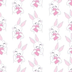 Rabbit holds a huge heart. Pattern.Pink background.For prints, book illustrations, packaging material, textiles.Vector illustration.