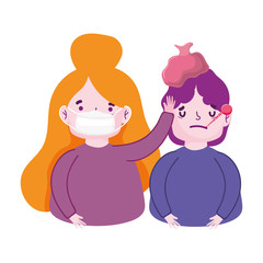 covid 19 coronavirus pandemic, girl caring a boy sick with thermometer