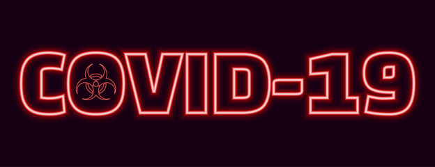 Red neon glowing text: COVID-19 with biohazard warning sign inside of the letter O on purple gradient background. Worldwide 2019 Novel Coronavirus (2019-nCoV) outbreak concept.