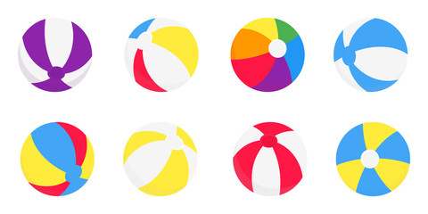 Beach balls flat style design vector illustration icon signs isolated on white background. Retro styled toy for summer games or holidays balls in various colors and positions.