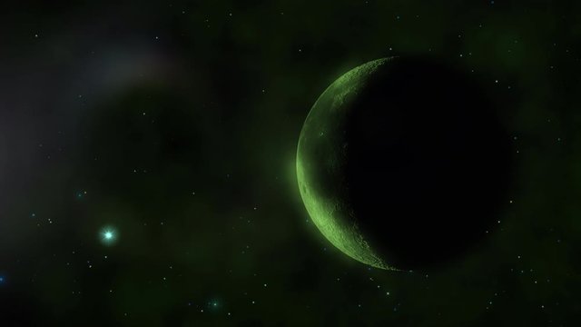 Motion graphics: light reflecting on green planet in outer space