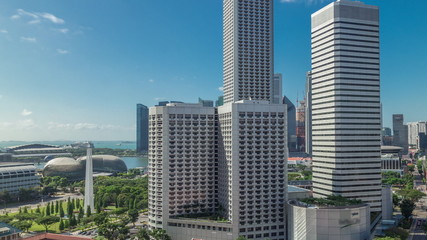 A beautiful morning panorama with Marina Bay area and skyscrapers city skyline aerial timelapse...