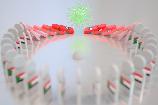 Coronavirus breaks chain of tiles with flag of Sudan, domino effect. COVID-19 pandemic related conceptual 3D rendering