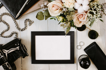 Masculine personality concept with blank frame, vintage film camera, decorative chain, black...