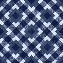 Grid faded denim texture Vector background. Checkered frayed Jeans fabric seamless pattern