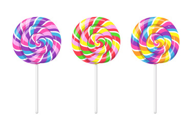 Lollipop with spiral rainbow colors, twisted sucker candy on stick. Vector cartoon set of round candies with striped swirls. Hard sugar caramel, lollypop isolated on white background - obrazy, fototapety, plakaty