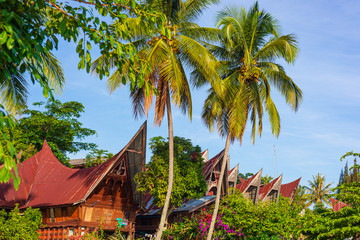 Fototapeta na wymiar Batak traditional house facade traditional village at lake Toba, famous travel destination in Sumatra, Indonesia.