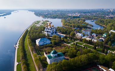 Aerial view of Yaroslavl with Strelka park and Assumption Cathedral