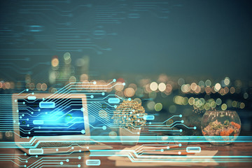 Double exposure of computer and technology theme drawing. Concept of innovation.