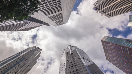 Looking up perspective of modern business skyscrapers glass and sky view landscape of commercial building in central city timelapse