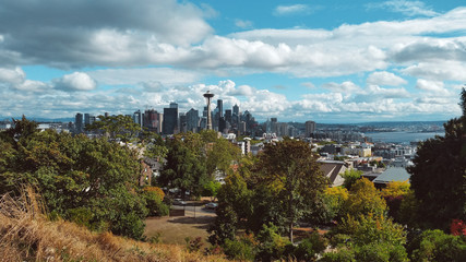 Fototapeta na wymiar An establishing view of the Seattle skyline, located in Seattle, Washington.