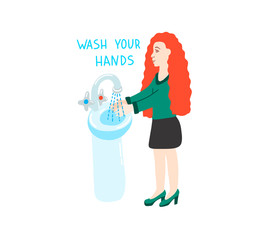 wash your hands - coronavirus quarantine motivational poster with beautiful girl with red hair