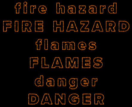 set of fire related words with flames outline 