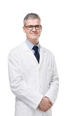 Confident male doctor or pharmacist in white lab - 334958810
