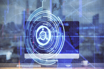 Technology theme drawing and work space with computer. Multi exposure. Concept of innovation.