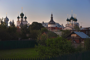 Church at sunset Russia, Rostov the Great: Lake Nero and Orthodox churches and monasteries at...