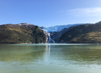 Breathtaking landscape and scenery with mountains, glaciers and fjords on sunny day during cruising...