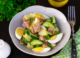 Healthy potato salad with cucumber, boiled eggs and tuna
