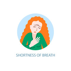 shortness of breath - symptom of coronavirus, hand drawing icon, sick girl with red hair tries to breathe