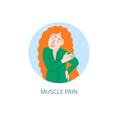 muscle pain - symptom of coronavirus, hand drawing icon, a sick girl with red hair hurts muscles, covid-19