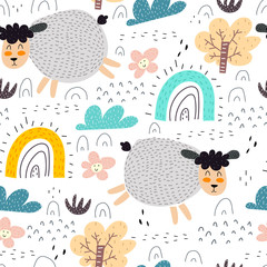 Seamless pattern with cartoon sheep, rainbows, trees, decor elements. Colorful vector flat for kids. hand drawing. baby design for fabric, print, wrapper, textile