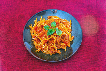 tasty pasta Italian meat sauce pasta on the table