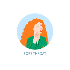 sore throat - symptom of coronavirus, hand drawing icon, sick girl with red hair holds sore throat with her hand, covid-19