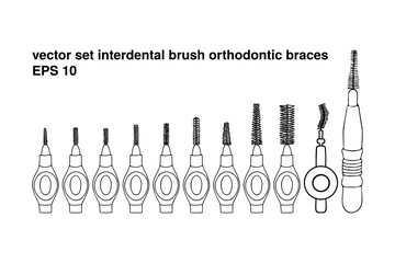 Fototapeta premium Set interdental brush orthodontic braces. Pipe-cleaner dental product personal oral hygiene at home in bathroom. Vector isolated flat doodle realistic drawing with black outline white background icon.