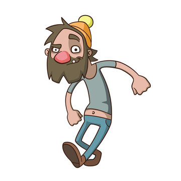 Cheerful homeless man walks merrily. Cartoon smiling tramp with a beard isolated on white, vector. Cheerful beggar character.