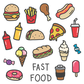 set of cute cartoon doodle style fast food icons illustration
