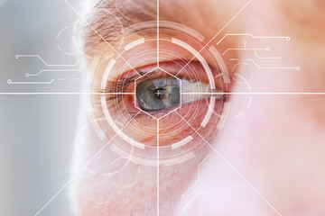 Eye monitoring and treatment, medical concept. Biometric scan of male eye closeup.