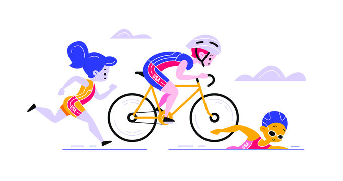 Vector Cartoon Flat Style Triathlon Illustration