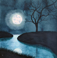 Watercolor tree in the night and the full moon
