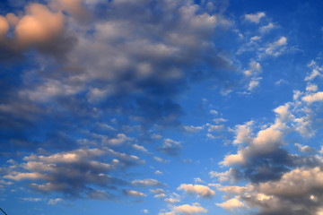 Beautiful white orange cumulus, clouds against blue sky. Picturesque clouds, landscape background for poster, climate change, global warming