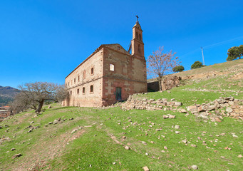 Landscape view of the abandoned mining town of Minas del Horcajo with the ruins of the San Juan Bautista church in the foreground, Almodovar del Campo, Ciudad Real province, Castilla la Mancha, Spain