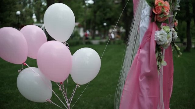 pink and white balloons on a background of green trees