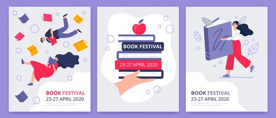 Posters of the book festival. The girl read a giant book, human handholds a stack of new bestsellers, a couple flying in book space. Colorful vector illustration for festivals, event promoters.