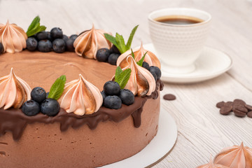 Chocolate poultry milk garnished with marshmallows and blueberries