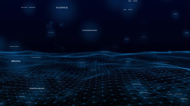 4k abstract Digital blue Wave of particles dance motion on wave and light.Futuristic dots background with a dynamic wave.Big data.Cyber or technology background.artificial intelligence word tag cloud.