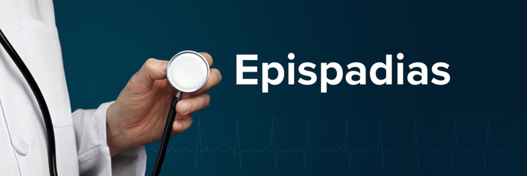 Epispadias. Doctor in smock holds stethoscope. The word Epispadias is next to it. Symbol of medicine, illness, health