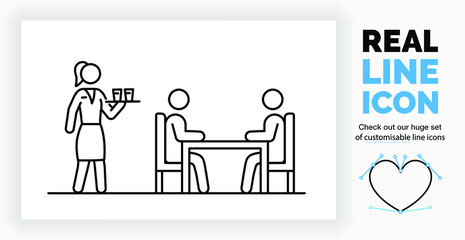 Editable real line icon of a stick figure waitress serving a table of customers with drinks in the food sector in modern customisable black lines on a clean white background as a eps vector file