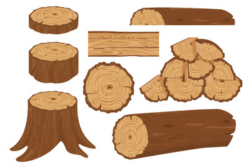 Collection of tree logs, planks, stump, twigs and trunks in cartoon flat style. Wood trunks. Stacked lumber material, trunk twig and firewood logging twigs. Tree stump, old wooden plank or timber log - obrazy, fototapety, plakaty