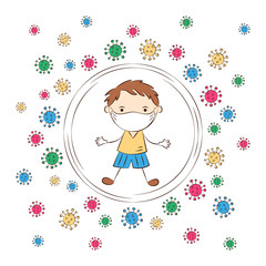 Child in protective medical masks to prevent infection. Cute cartoon boy surrounded by viruses. Healthcare, quarantine, hygiene, virus protection. Vector illustration