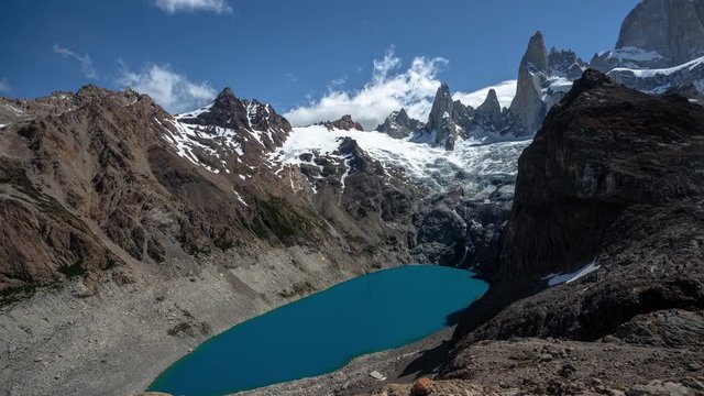 Time Lapse of Fritz Roy Mountain and Laguna De Los Tres, Andes, Patagonia. Moving Clouds On Sunny Day