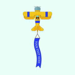 Retro styled plane with the ribbon. Flat design illustration. Perfect for web banners and advertisement. New arrivals and new collection concept perfect for sales boost.