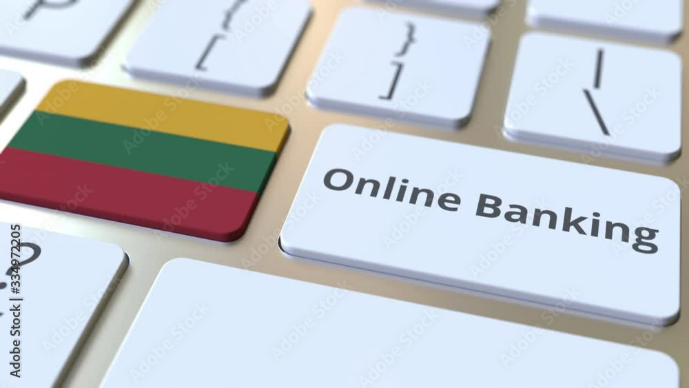 Poster online banking text and flag of lithuania on the keyboard. internet finance related conceptual 3d an