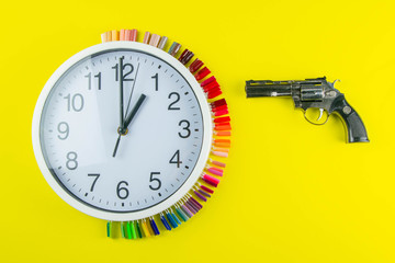 A set of cosmetic tools for manicure and pedicure on a blue background. The watch and palette of...